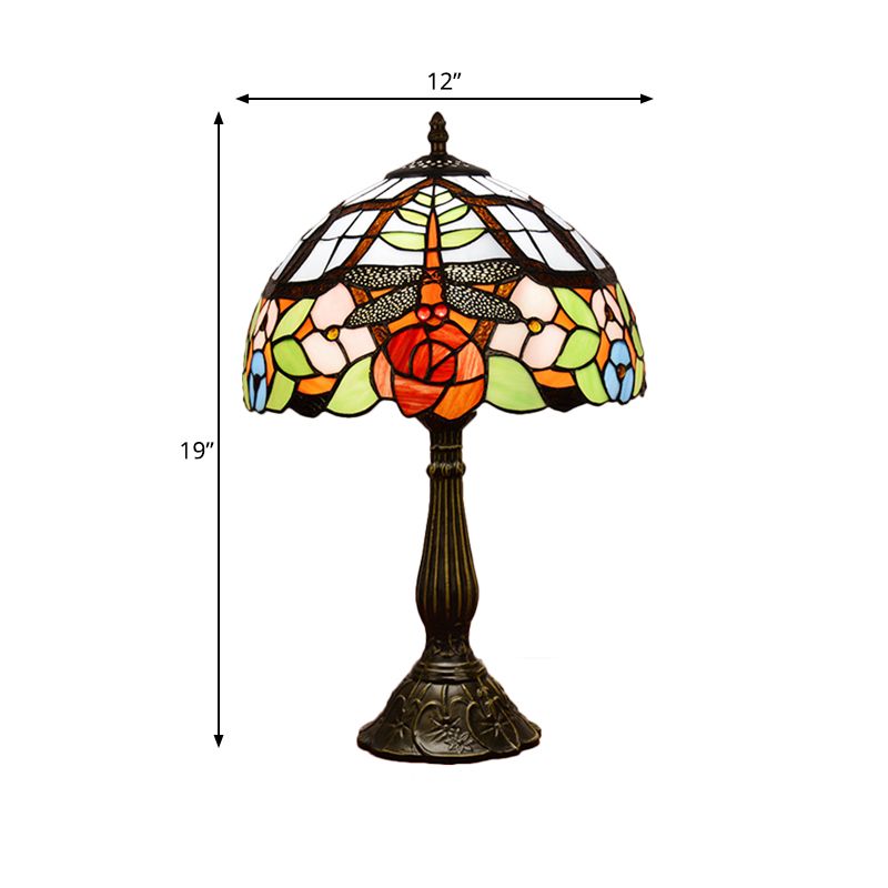 1-Light Nightstand Lamp Tiffany Dragonfly on Rose Orange/Pink/Beige Table Lighting with Bowl Shade