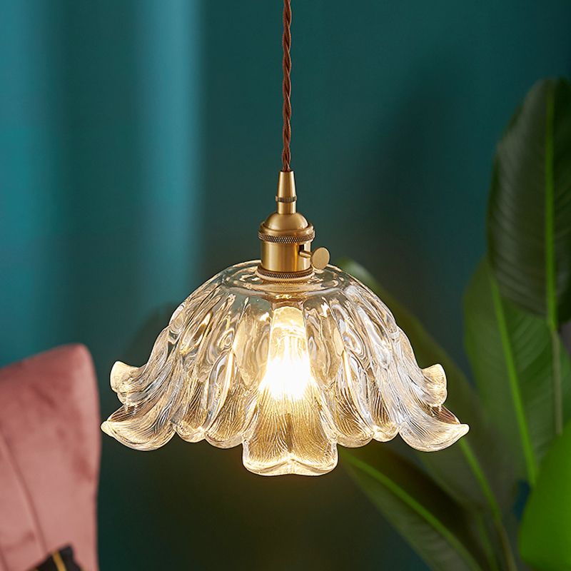 Klares strukturiertes Glas Messing Anhänger Blumen 1-Licht Vintage Hanging Light für Esszimmer