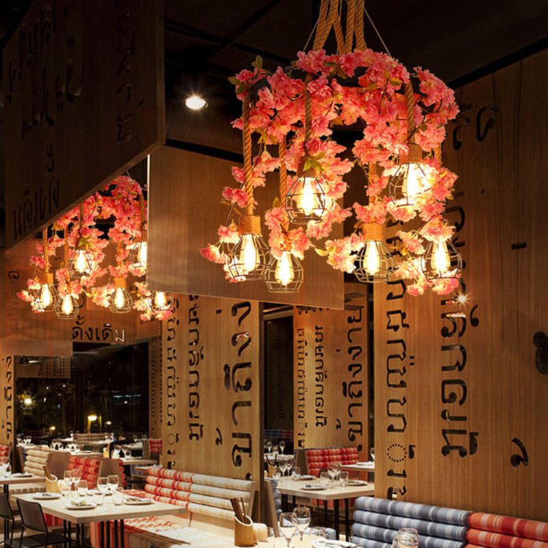 4/6 Lichter nackte Glühbirnen Cluster Anhänger antike rosa/rosarische Rotmetall -LED -Blume Hanging Lampe für das Restaurant