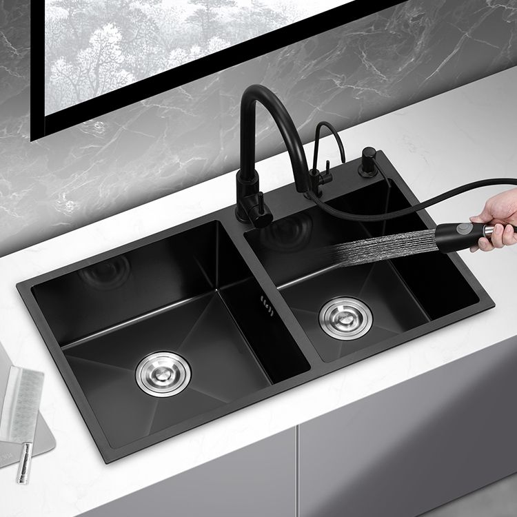 Double Bowl Stainless Steel Sink in black with Strainer Drop-In Kitchen Sink