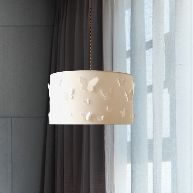 Minimalist 1-Light Drop Pendant White Butterfly-Embellished Drum Hanging Lamp with Fabric Shade