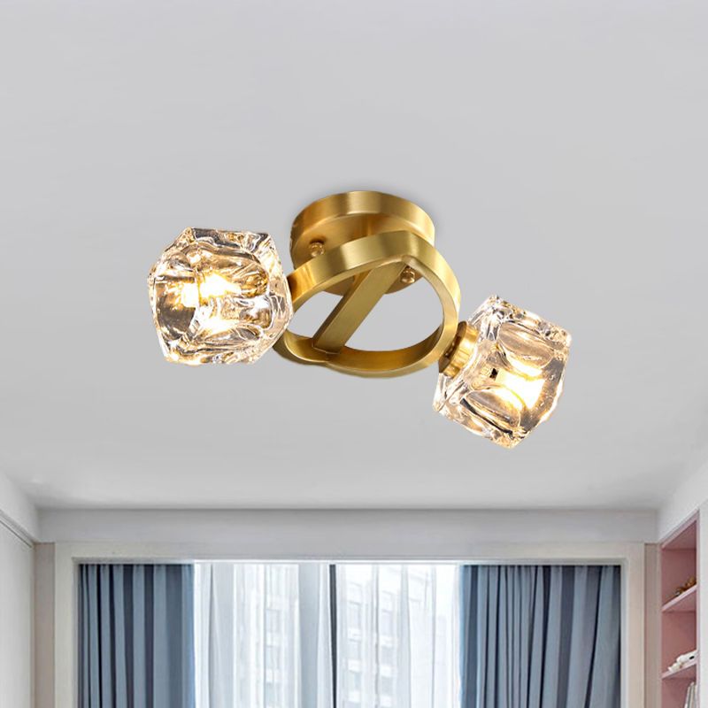 2 Lights Semi Flush Mount Minimalism Cubic Crystal Block Flush Ceiling Light Fixture in Brass