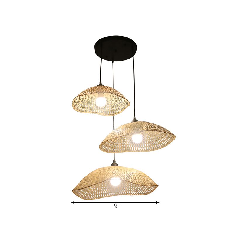 Beige Wavy Dome Cluster Pendant Lamp Loft 3 Bulbs Bamboo Suspension Light for Dining Room