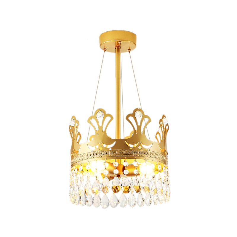 Crown Chandelier Lamp Simplicity Metal 3/4/6 Lights Bedroom Pendant Lighting in Brass with Crystal Drop, 12"/18"/23.5" W