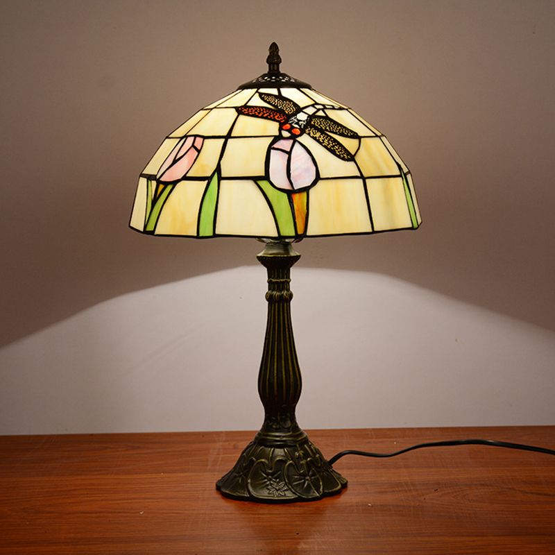 1-Light Nightstand Lamp Tiffany Dragonfly on Rose Orange/Pink/Beige Table Lighting with Bowl Shade