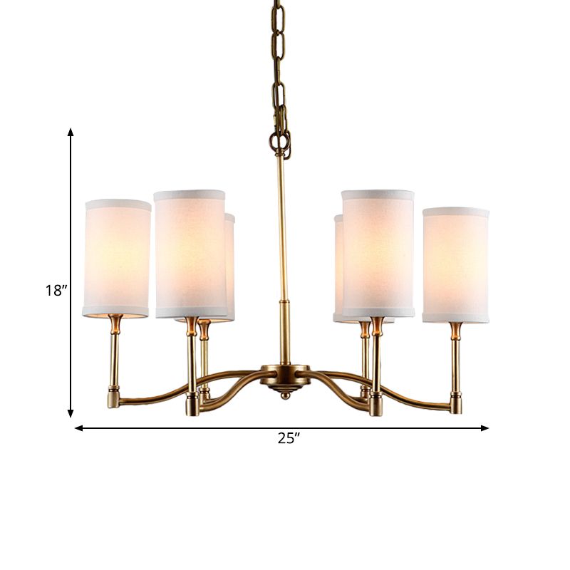 Gouden buisvormige hanger kroonluchter koloniale stijl stof 6/9-bulb omlaag verlichting met gedraaide arm voor woonkamer