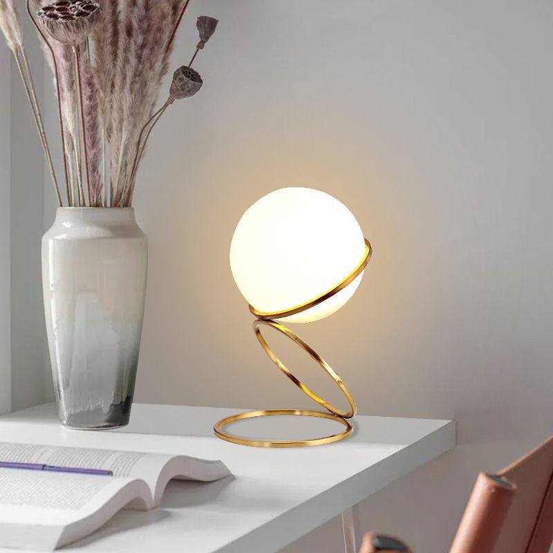 Golden Ring Night Lamp Minimalist 1-Light Metal Table Light with Ball Milk Glass Shade