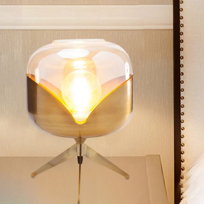 Gold Oval Nightstand Lamp Luxurious 1-Bulb Metal Night Lighting with Amber Glass Shade