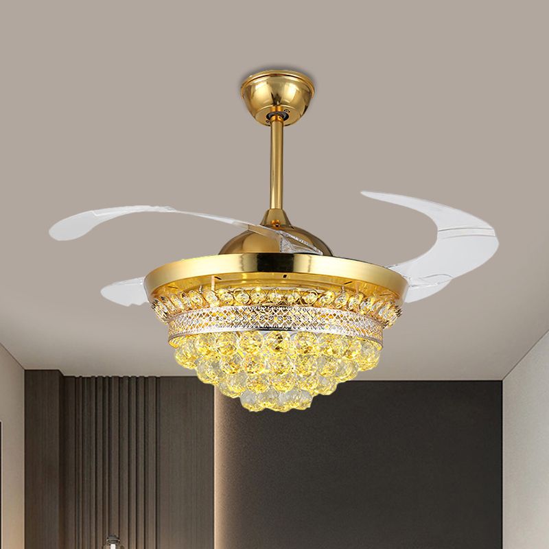 4 Blades Simple Conic Pendant Fan Lamp Crystal Ball LED Parlor Semi Flush Light Fixture in Gold, 19" Width