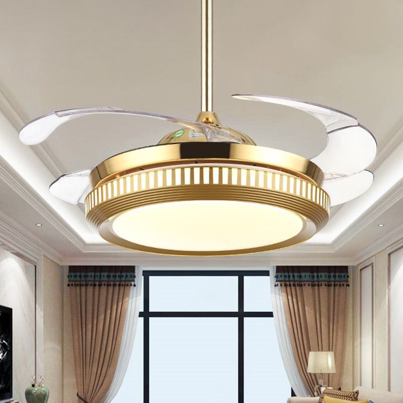 LED Acrylic Semi Flush Light Contemporary White /Gold Round Dining Room Hanging Fan Lamp with 4 Clear Blades, 42" W