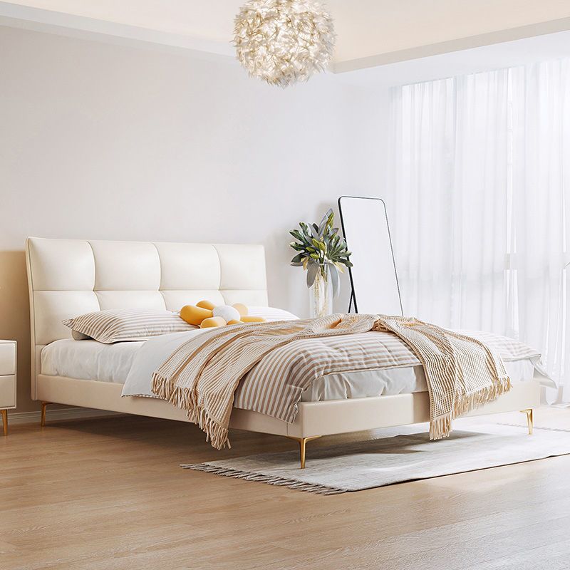 Glam White Upholstered Tufted Bed Frame Genuine Leather Panel Bed
