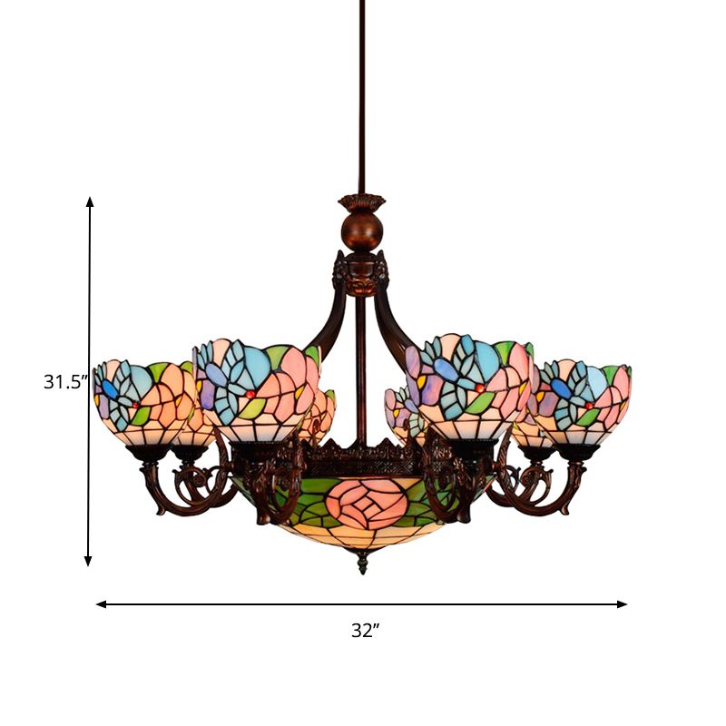 Multi-Head Bird Rose Chandelier Rustic Tiffany Stained Glass Hanging Light in Pink for Villa