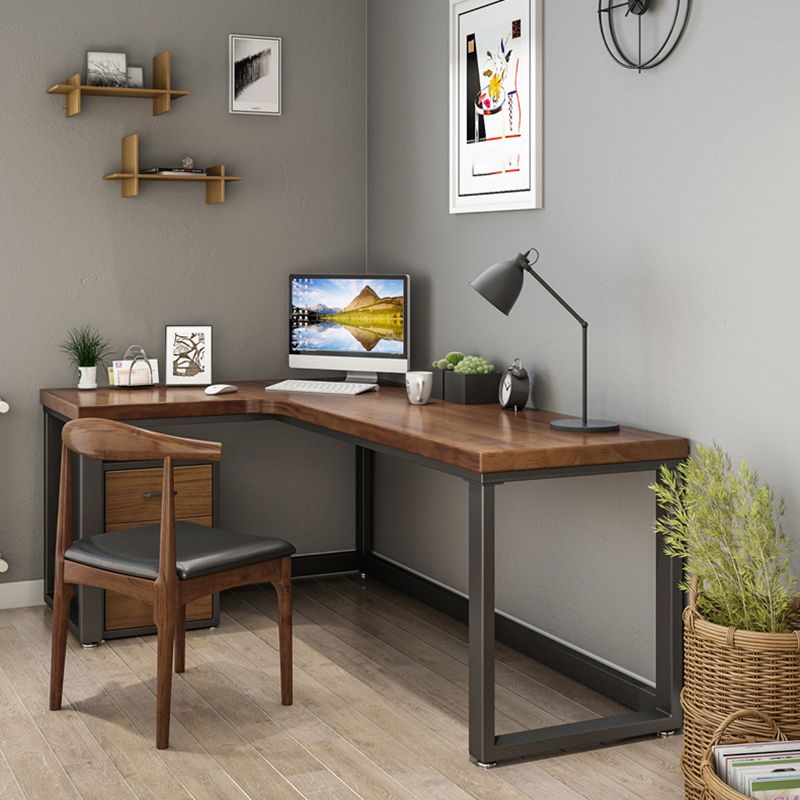 Industrial Solid Wood Writing Desk L-Shape Trestle Base Office Desk