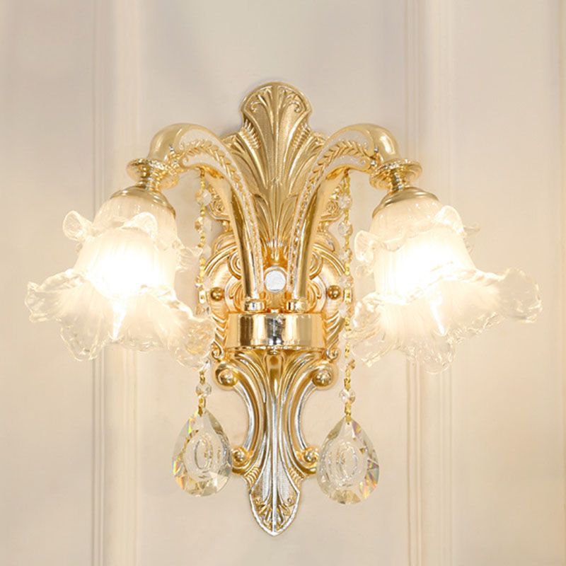 Blossom Pendant Lamp Modern Style Frosted Glass Corridor Chandelier Light with Crystal Ball in Gold