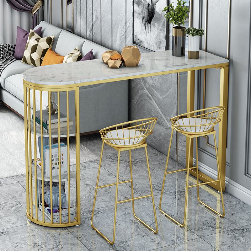 Glam Faux Marble Bistro Table Gold Iron Double Pedestal Bar Dining Table with 3-Shelf