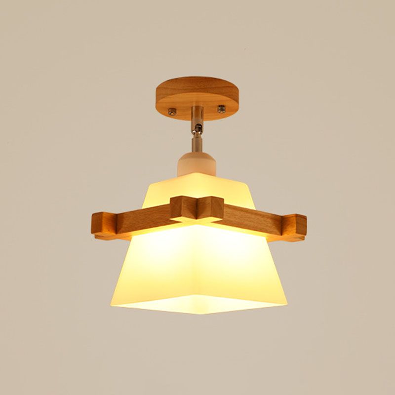 Geometric Semi Flush Mount Light Asian Bamboo Single Aisle Ceiling Flush Lamp in Wood