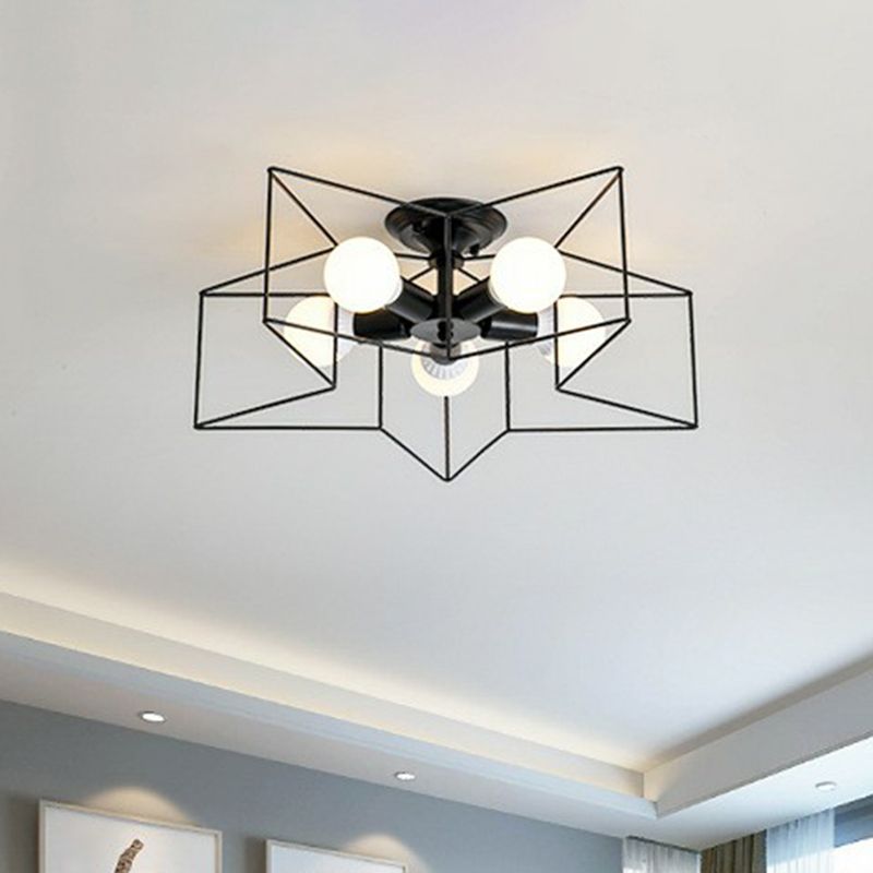 5 Bulbs Pentagram Cage Semi Flush Mounted Lamp Modern Metal Ceiling Light Fixture for Bedroom