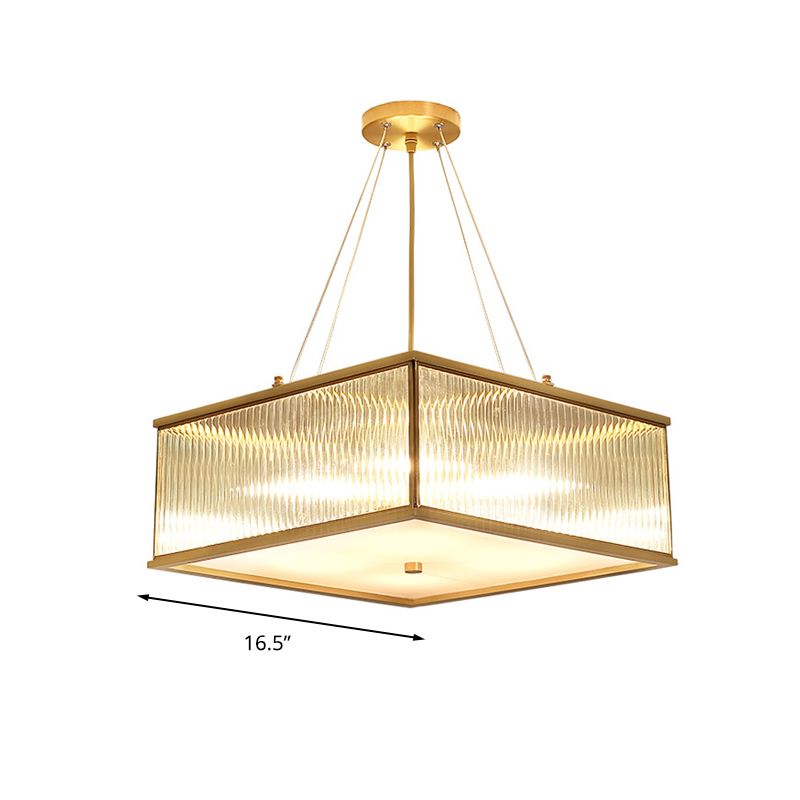 Square Clear Faceted Crystal Suspension Lamp Postmodern 4 Lights Brass Hanging Chandelier