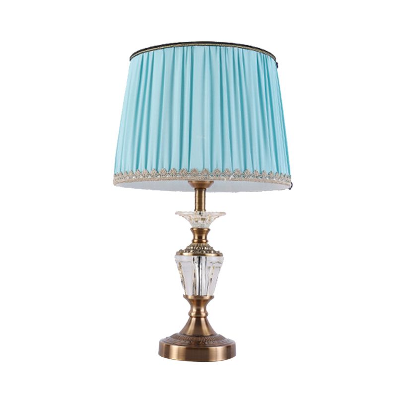 Tamburo cristallo di cristallo leggero modernismo tessuto 1 comodino lampada in blu/beige