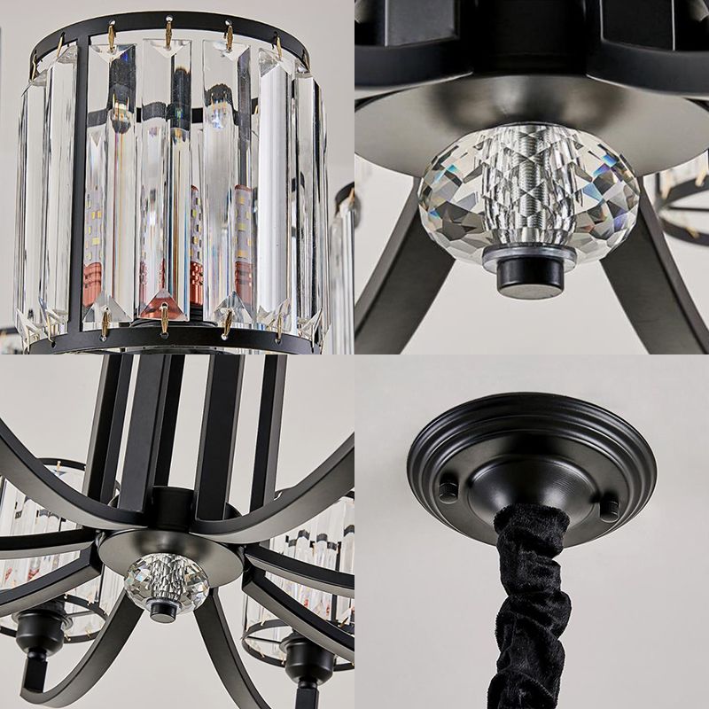 Cylinder Crystal Block Ceiling Light Fixture Rustic 3/6/8 Lights Black Chandelier Light for Living Room