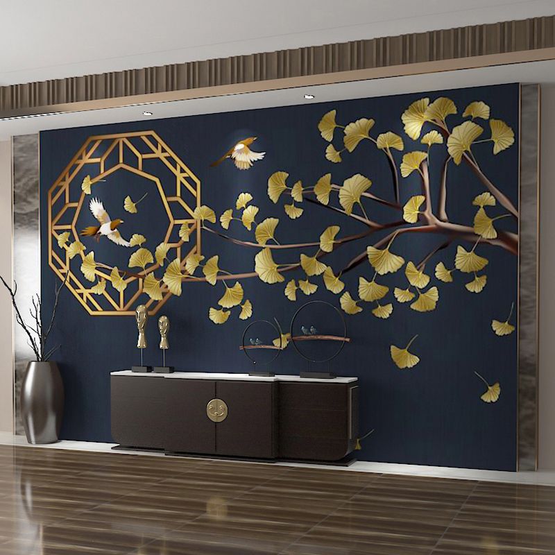 Illustration Ginkgo and Bird Mural Wallpaper for Restaurant Decoration, Dark Blue