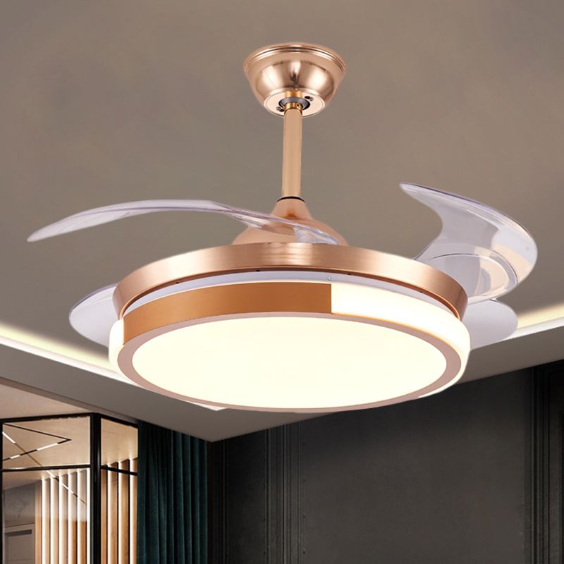 Modernist Round Hanging Fan Light Metallic Living Room LED Semi Flush Mount in Brown/White/Gold with 4 Blades, 42" Wide