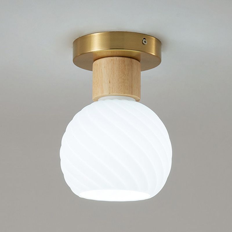 1-Light Ceiling Light Modern Wooden Ceiling Mount Light with Glass Shade for Living Room