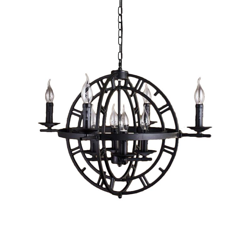 Industrial Globe Cage Chandelier Lighting Fixture 6-Bulb Iron Ceiling Light in Bronze/Black with Candle Design