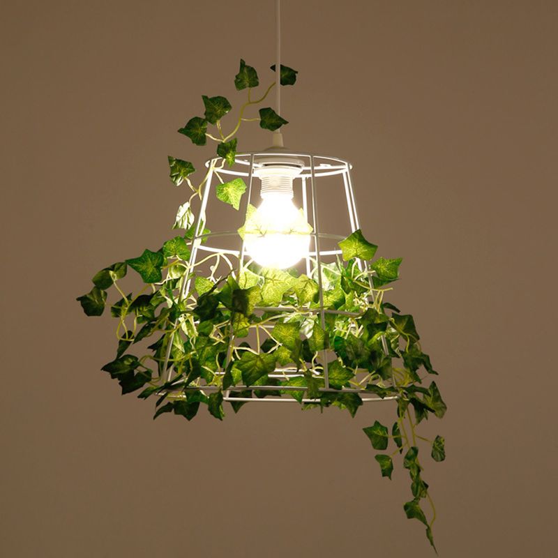 Iron Tapered Cage Suspension Lighting Retro 1 Head Dining Room Pendant Ceiling Light with Decorative Ivy in Green