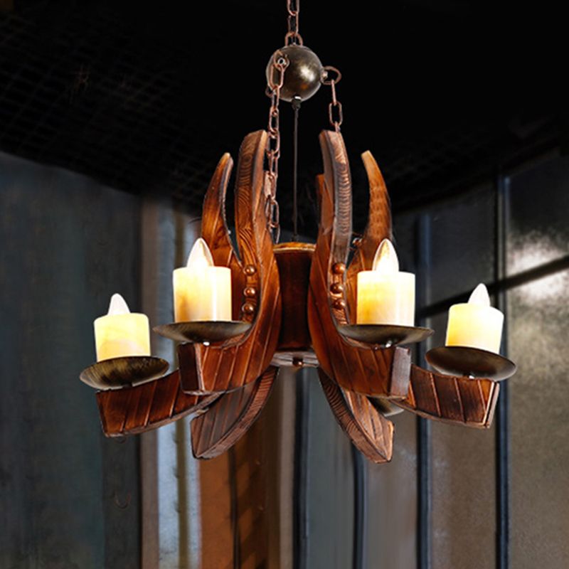 Cylinder Living Room Pendant Chandelier Rustic Style Marble 4 Lights Brown Hanging Fixture with Wood