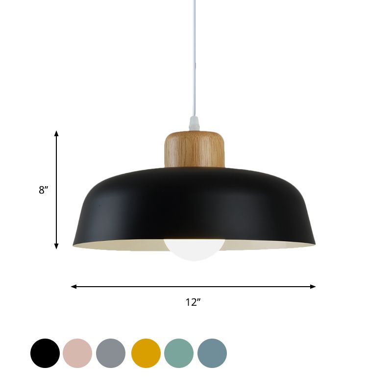 Bowl Shade Restaurant Pendant Lamp Metallic 1 Bulb Macaron Hanging Light in Pink/Blue/Yellow with Wood Knob