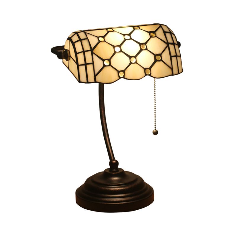 1 Head Task Lamp Tiffany Style Jeweled Beige Glass Pull Chain Night Table Lighting in Blue/Gold with Curved Arm