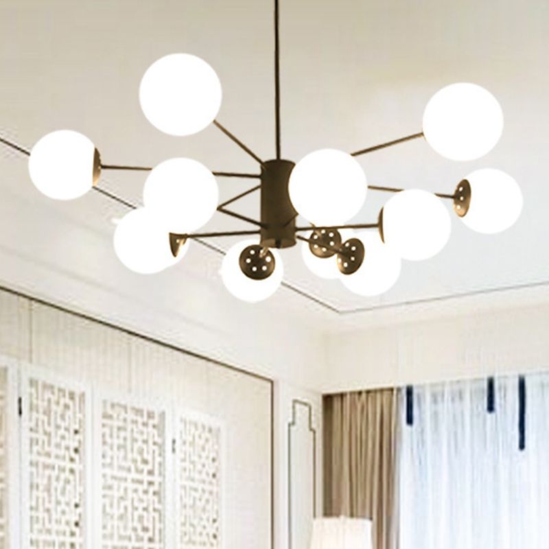 Frosted White Glass Ball Shade Chandelier 12-Light Modern Style Black Pendant Light for Bedroom Living Room