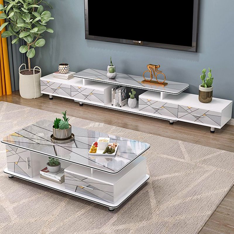 Modern Engineered Wood TV Stand White TV Cabinet with Drawers and Sliding Storage