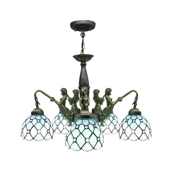 5 Lights Dome Hanging Chandelier Tiffany Blue Cut Glass Pendant Light Fixture with Mermaid Deco