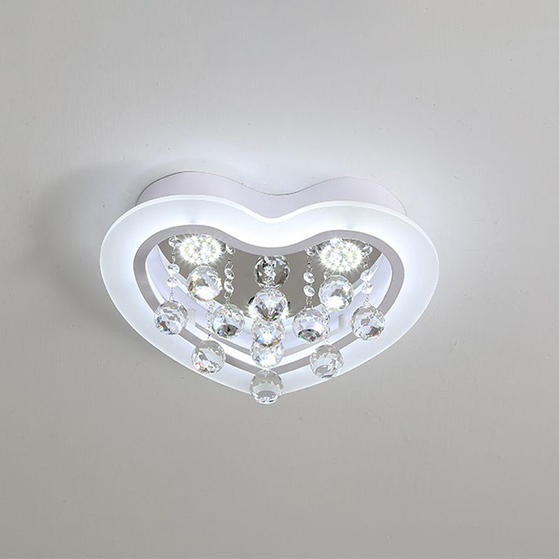 16"/19.5" W Acrylic Heart Flush Light Fixture Minimalism LED Bedroom Ceiling Lighting in White with Crystal Orb