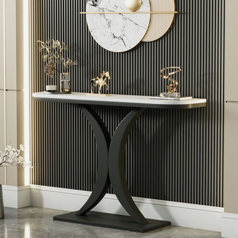 Slate and Metal Stain Resistant Glam Half Moon Console Table for Hall