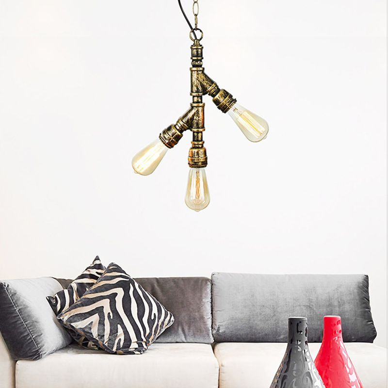 Industrial Water Pipe Chandelier Pendant 3-Light Metallic Suspension Lighting for Living Room