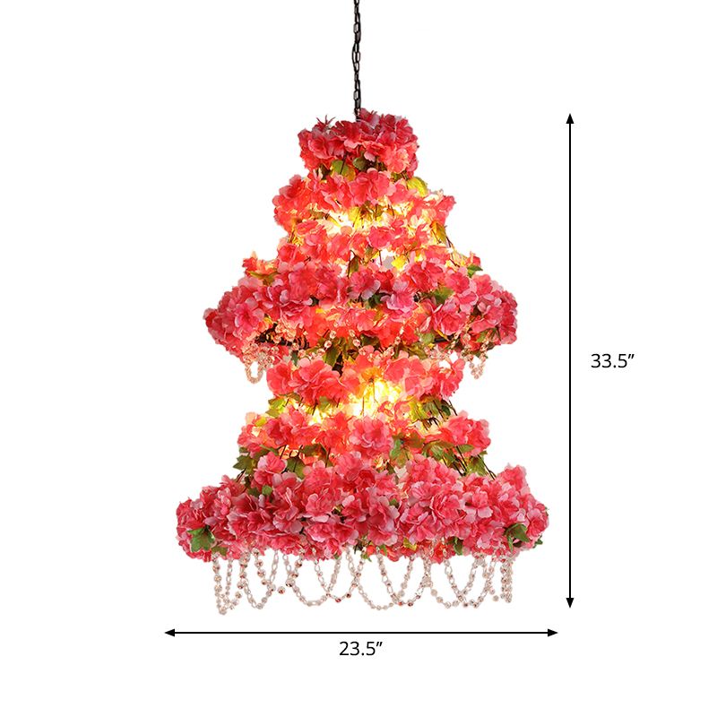 Loft Dual Cone Cage Chandelier 6 Heads Iron Flower Suspended Lighting Fixture in Pink with Crystal Accent