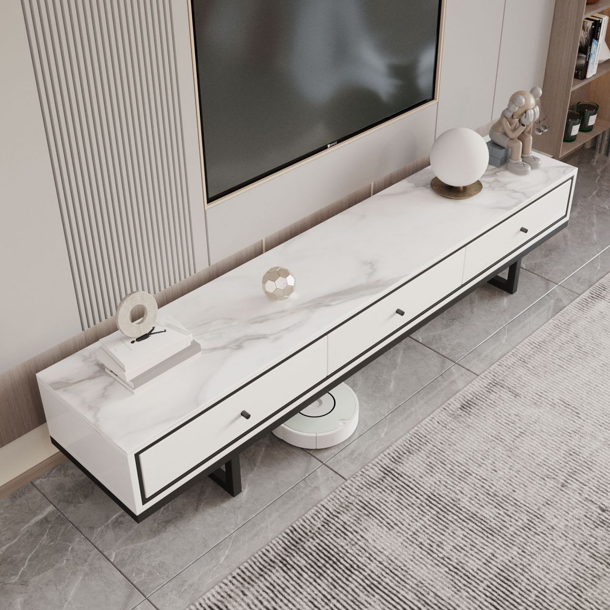 Modern Style Stone TV Stand White Colour Enclosed Storage TV Stand Console with 3 Drawers