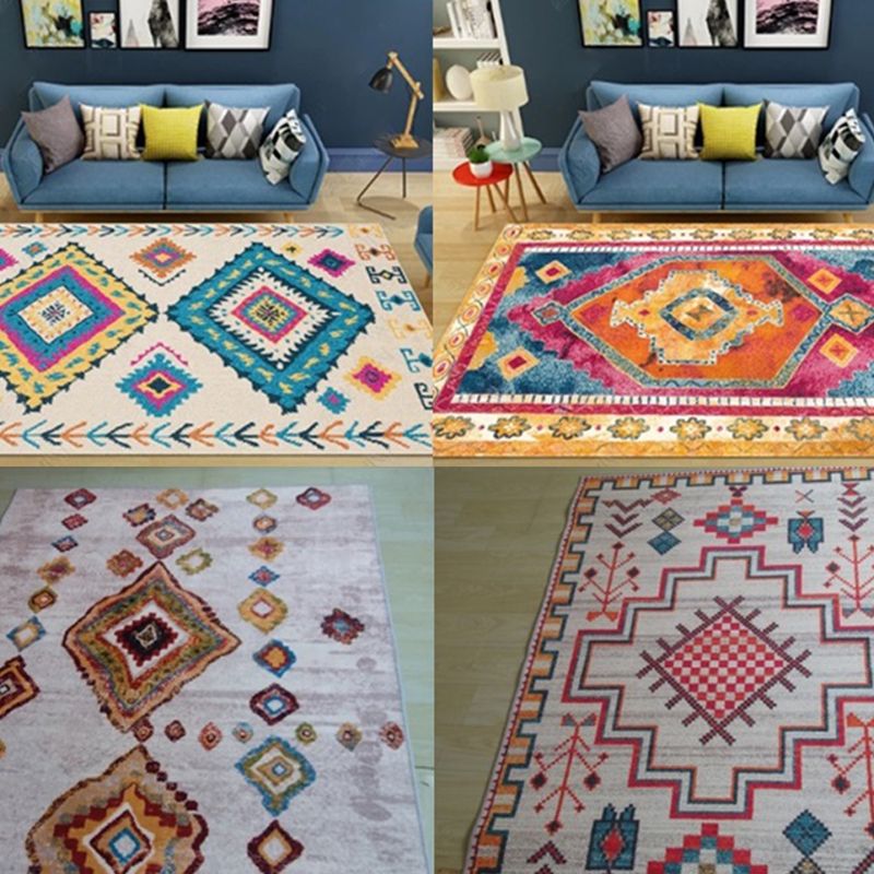 Colorful Moroccan Style Rug Polyester Geometric Patterned Carpet Anti-Slip Backing Machine Washable Stain Resistant Rug for Indoor