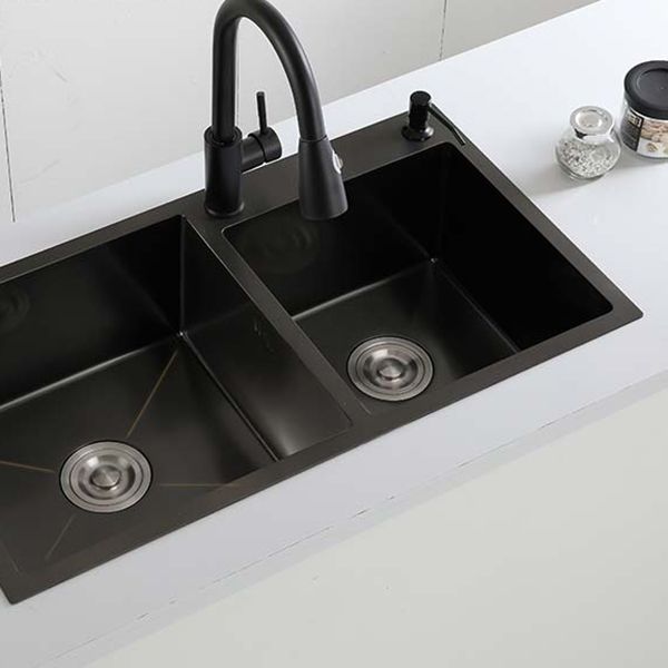 Double Bowl Stainless Steel Sink in black with Strainer Drop-In Kitchen Sink