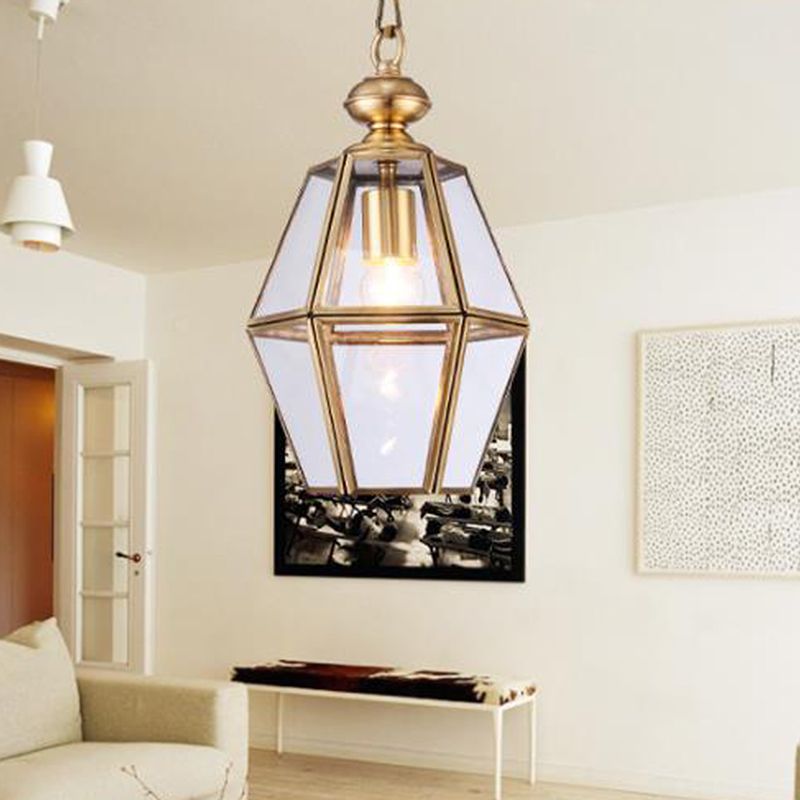 1 Bulb Ceiling Pendant Light Colonialism Living Room Hanging Lamp with Geometric Clear/Yellow Glass Shade