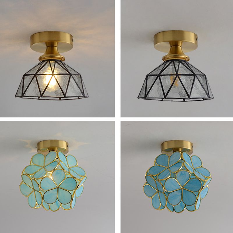 Small Aisle Semi Flush Ceiling Light Antique Style Glass 1 Head Flush Mount Light Fixture