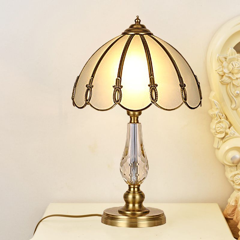 1 Bulb Night Table Lamp Vintage Scalloped Shade Beige/Frosted Glass Nightstand Light in Gold with Clear Crystal Accent