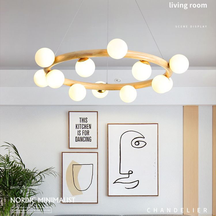 Modern Ceiling Pendant Wood Light Opal Glass Light Foyer Indoor Light