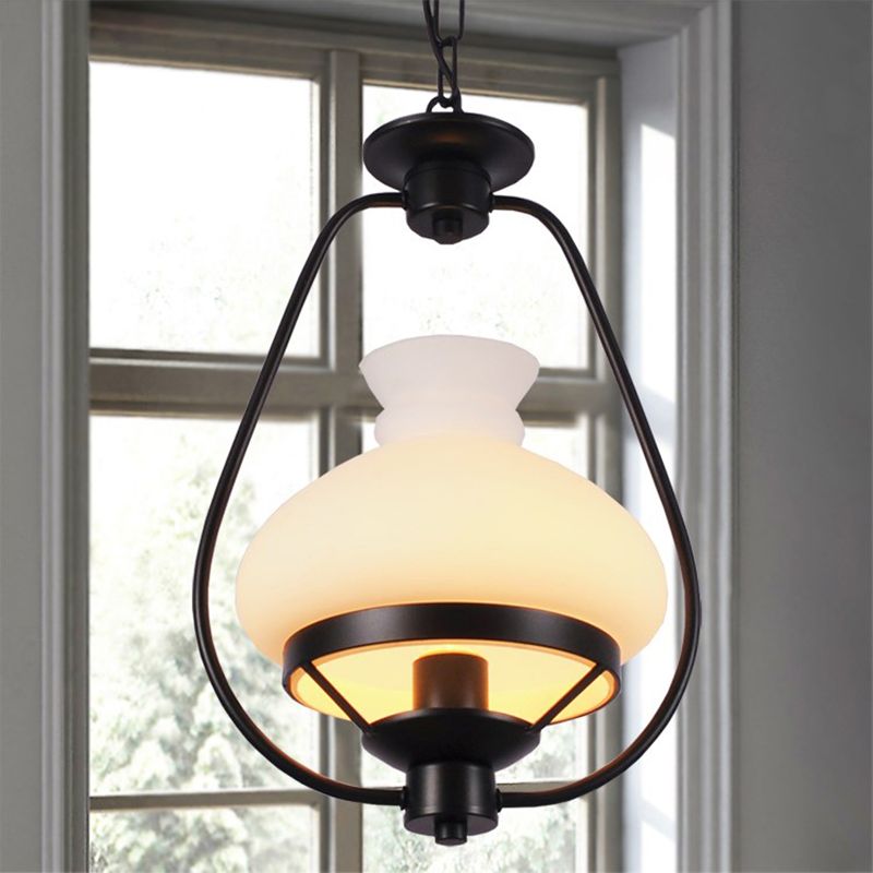 Single Light Ceiling Light Industrial Vase White Glass Pendant Lighting Fixture in Black