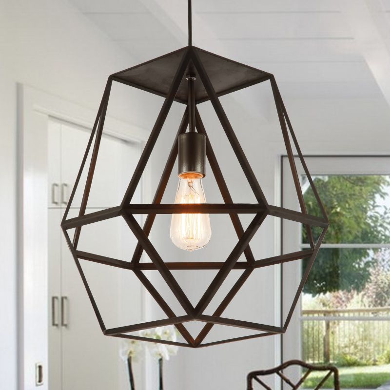 1 Head Pendant Light Industrial Polygon Metal Shade Hanging Light Fixture with Wire Guard in Black