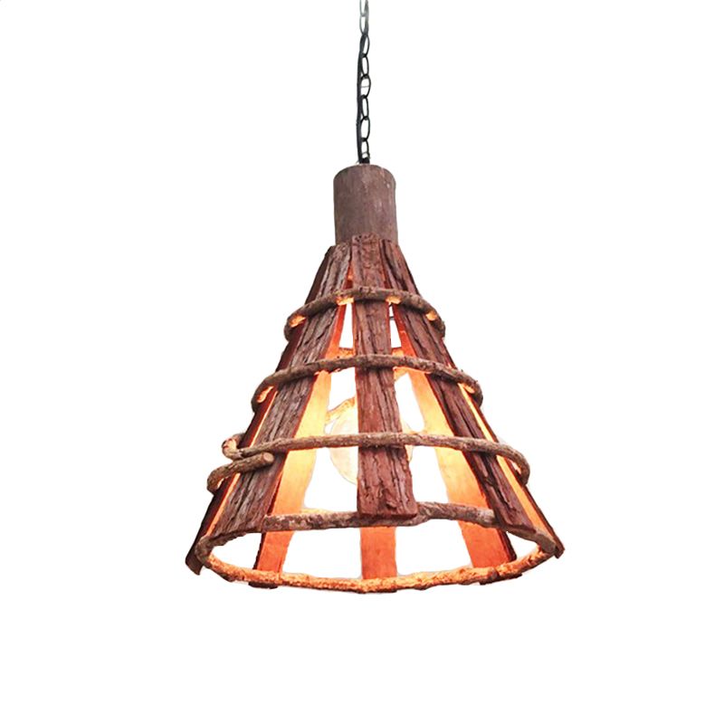 Wood Tapered Down Lighting Asian 1 Bulb Red-Brown Hanging Ceiling Light with Adjustable Chain