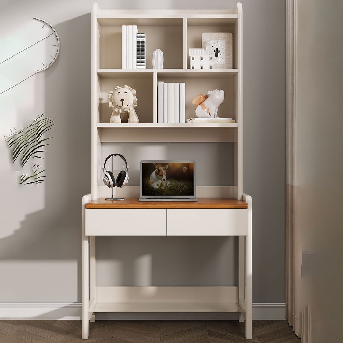 Modenr White Writing Desk with 2 Storage Drawers and Shelves